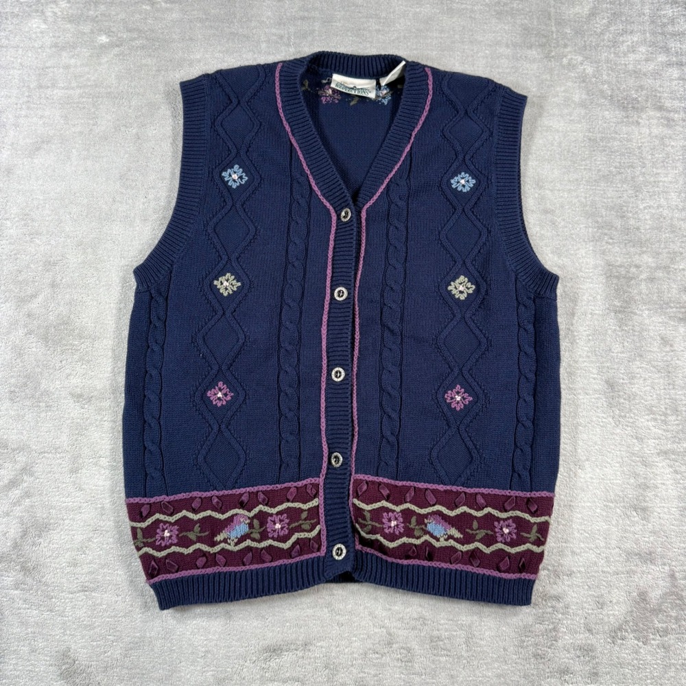 Vintage Northern Reflections Sweater Vest Womens Small Blue Floral Embroidered